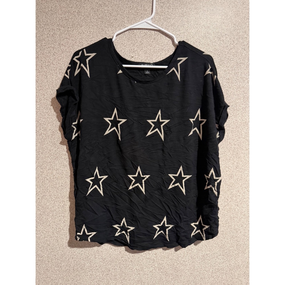 Buffalo David Bitton Womens Black White Star Print Short Sleeve Top Medium